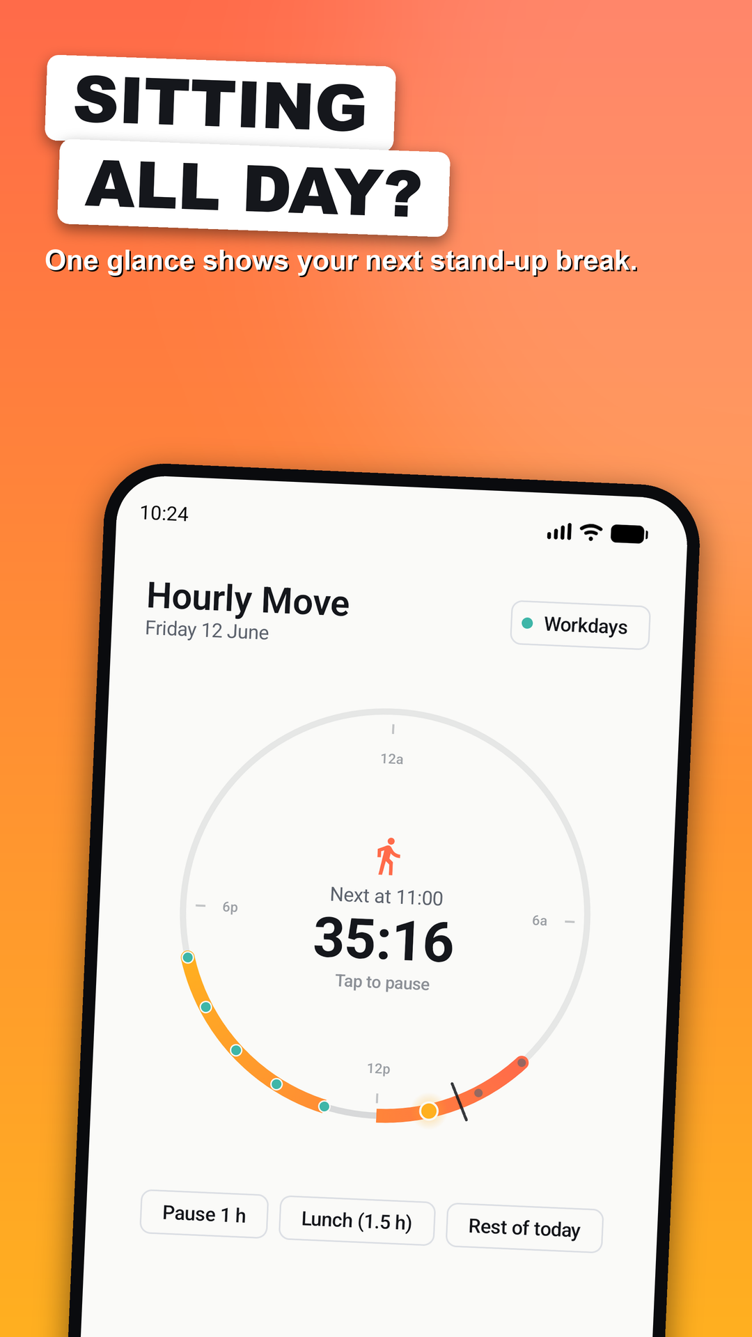 Hourly Move home screen with the 24-hour Day Ring and a live countdown to the next reminder