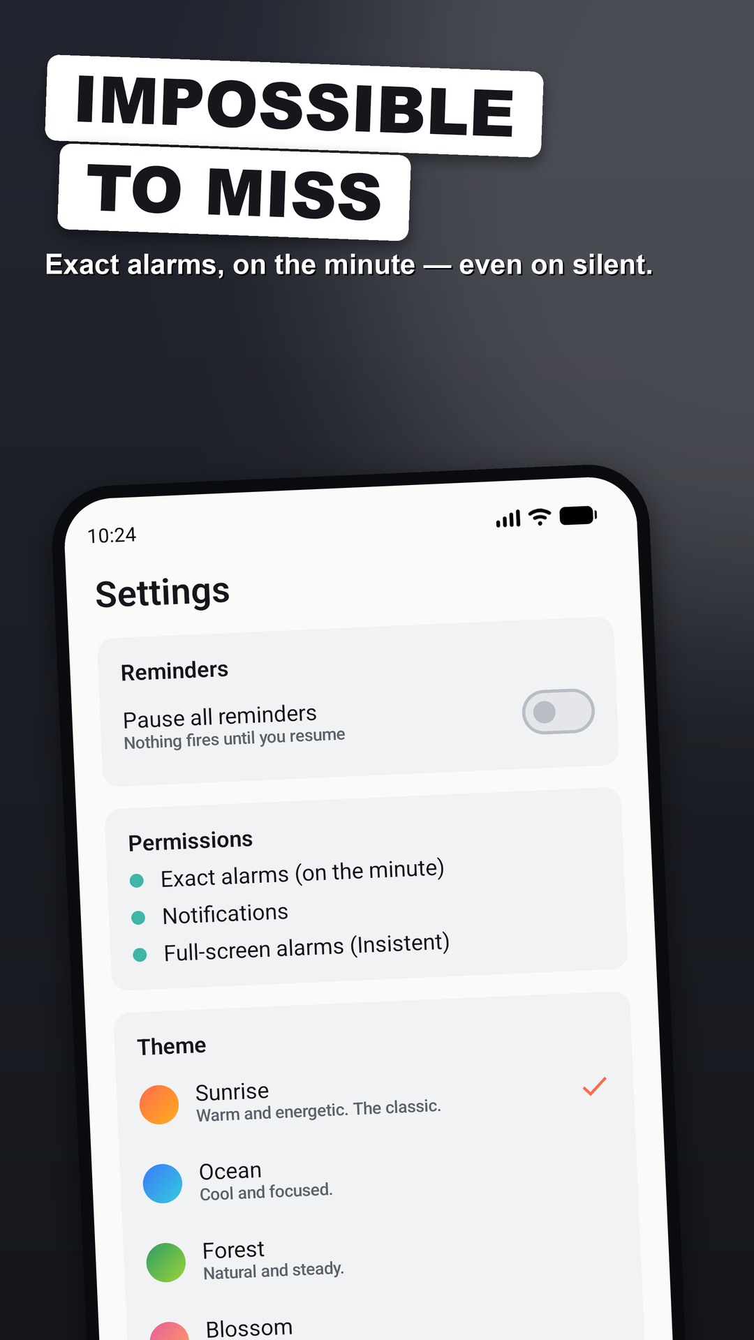 Settings screen with exact-alarm permissions, themes and backup